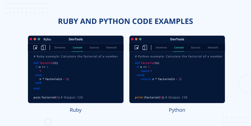 Code examples of Ruby and Python
